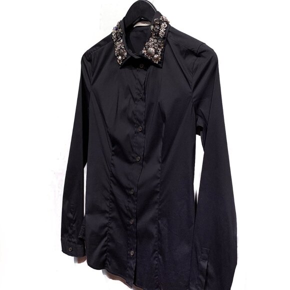 Prada Black Cotton Shirt with Crystals Embellished Collar - Picture 2 of 10